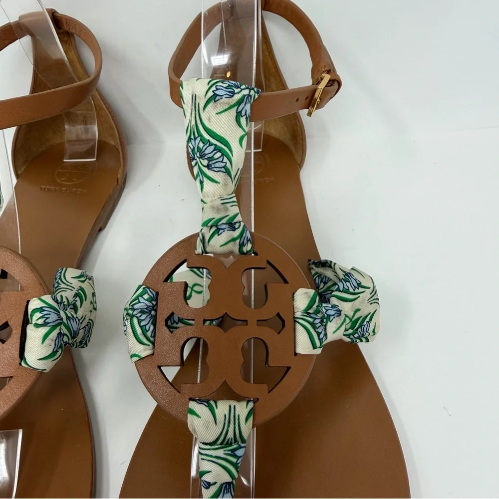 Tory Burch Miller Leather Scarf Thong Sandals Brown White Blue Green Size 11